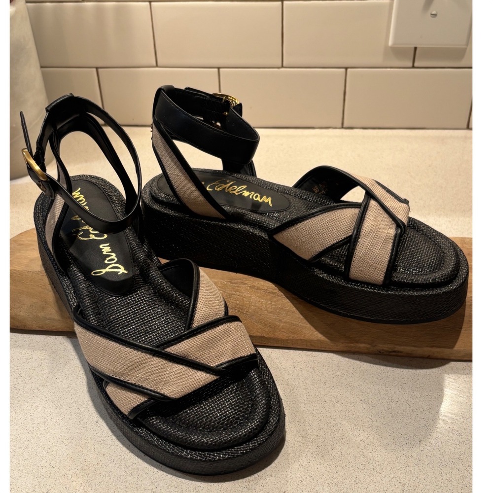 New Sam Edelman Nylie Platform Sandals Black Tan Fabric Raffia Ankle Strap ~ 8M